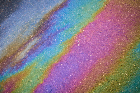 Background texture of an oil spill in the form of a rainbow stain on dark asphalt, parking..の写真素材