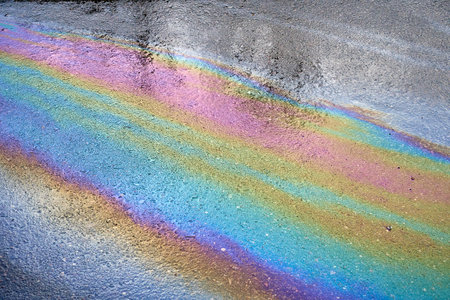 Gasoline spot on wet asphalt. Multi colored oil spill on asphalt road, abstract background, textureの写真素材
