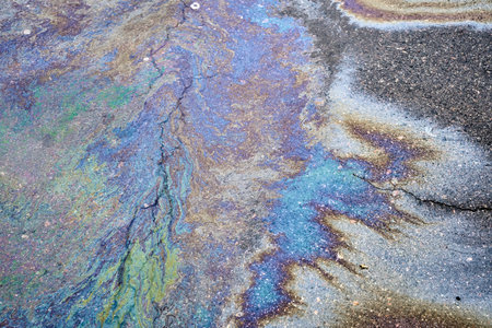 Texture of colorful petrol oil spill on wet pavement.