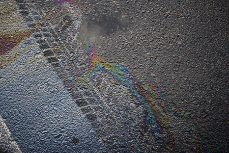 Close-up of tire marks and gasoline or oil spill creating a rainbow effect on wet asphalt road surface.の写真素材