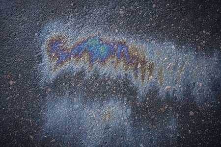 Gasoline spill showing iridescent colors on asphalt road.の写真素材