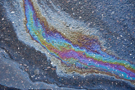 Vehicle-Related Oil and Fuel Stains on Parking Lot Ground.の写真素材