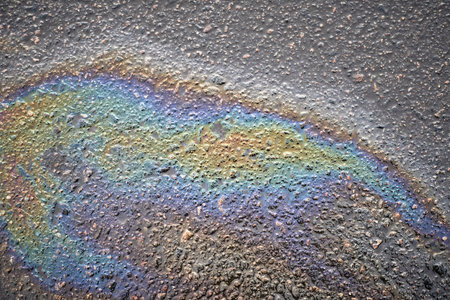 The multi-colored textured oil slick creates a vibrant pattern on the asphalt road during daylight hoursの写真素材