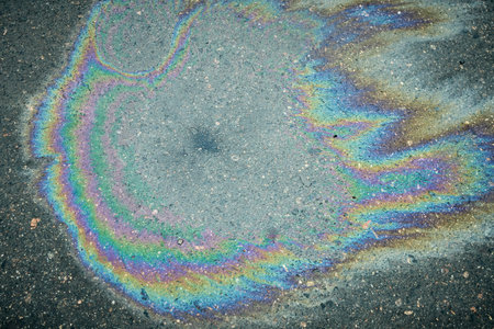 Colorful Oil Slick Forms Captivating Patterns on Asphalt Surface in Urban Area During Daylight.の写真素材