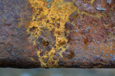 Detailed Close-Up of Rusty Metal Surface With Yellow and Brown Textures Showcasing Signs of Weathering and Decayの写真素材