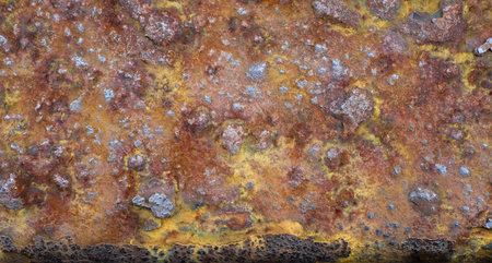 Close-up view of a weathered metal surface showing a blend of rust, colors, and textures. The...