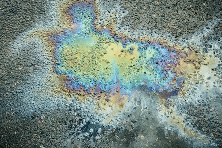 Colorful Oil Slick Reflecting Sunlight on Asphalt Surface After a Rain Shower in an Urban Area.の写真素材