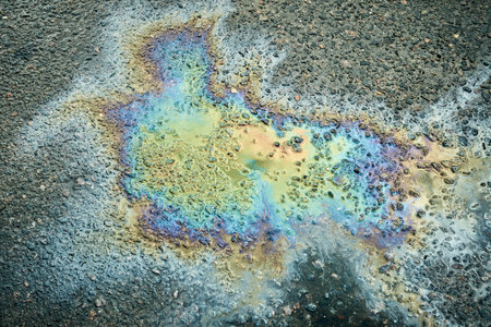 A bright oil slick spreads across asphalt, reflecting various colors as sunlight hits the puddleの写真素材