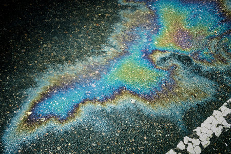 Oil spill rainbow iridescent pattern on asphalt roadの写真素材