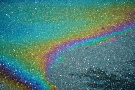 Iridescent oil slick creating abstract rainbow colors on asphaltの写真素材