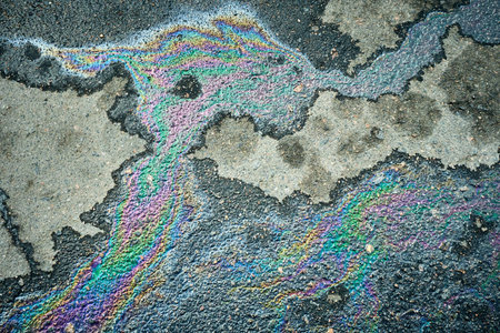 Oil or gasoline slick producing vibrant rainbow patterns on the wet asphalt surface.の写真素材