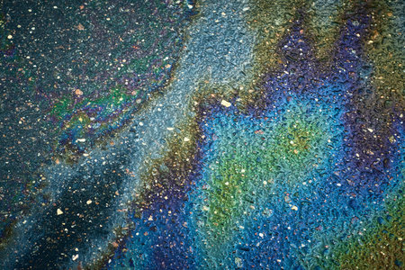 Oil slick on wet asphalt creating a vibrant, abstract rainbow patternの写真素材