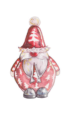 Watercolor drawing of christmas gnome isolated on white backgroundの写真素材