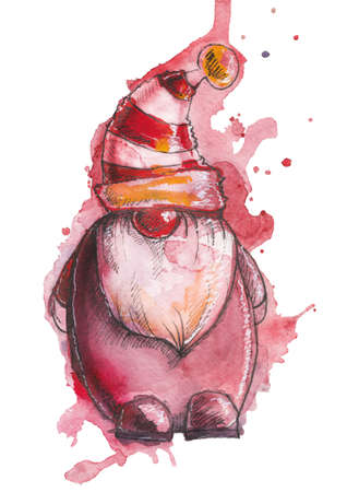 Watercolor drawing of cute Christmas gnome santa, isolated on white background, for cards, greetings and web design.の写真素材