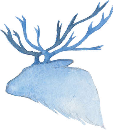 Watercolor drawing of blue gray head silhouette with christmas deer antlers isolated on white backgroundの写真素材