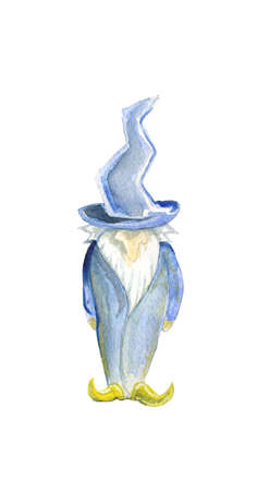 Watercolor drawing of a gnome in pointed, blue, curved witch hat, Isolated on white background. Festive gnome wizard.の写真素材