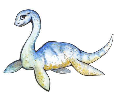Cute cartoon dinosaur blue color plesiosaur painted in watercolor isolated on white backgroundの写真素材