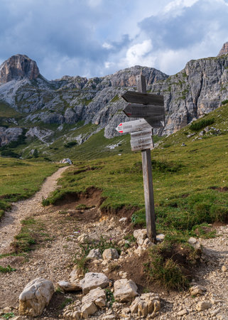 Tourist routes in the mountains. Signs, directions, designations, popular places for tourists. Dolomites, Italyの写真素材