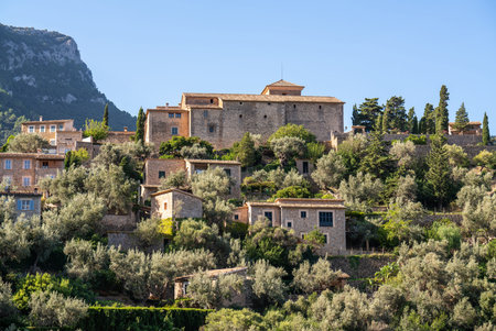 Stunning cityscape of the small coastal village Deia in Mallorca, Spain. Traditional houses located in terraces on the hills surrounded by green trees. Spanish tourist destinations.の写真素材