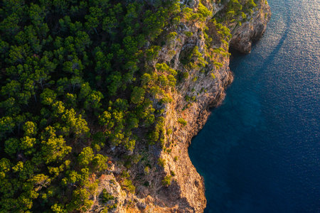 Breathtaking aerial view of Mallorca's dramatic rocky coastline, where rugged Tramuntana Mountains meet deep blue Mediterranean Sea. Stunning natural landscapeの写真素材