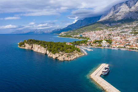 Aerial photography.Beautiful coastline from a bird's eye view near the city of Makarska, Dalmatia, Croatia. Makarska Riviera, famous and tourist place in Europeの写真素材