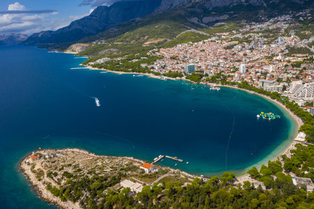 Aerial photography.Beautiful coastline from a bird's eye view near the city of Makarska, Dalmatia, Croatia. Makarska Riviera, famous and tourist place in Europeの写真素材