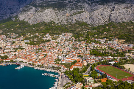 Aerial photography.Beautiful coastline from a bird's eye view near the city of Makarska, Dalmatia, Croatia. Makarska Riviera, famous and tourist place in Europeの写真素材
