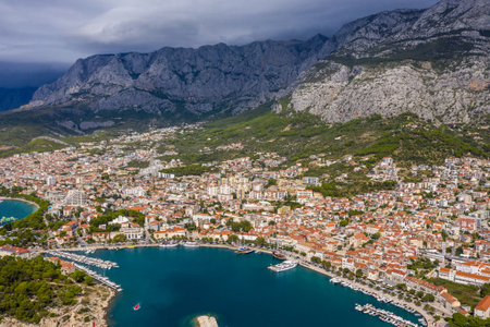 Aerial drone view .Beautiful coastline from a bird's eye view near the city of Makarska, Dalmatia, Croatia. Makarska Riviera, famous and tourist place in Europeの写真素材