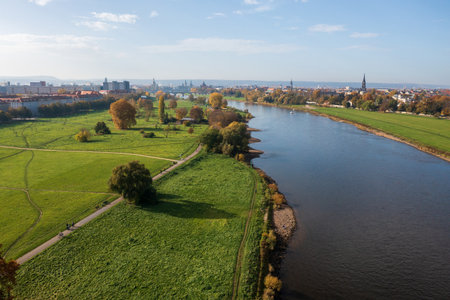 Aerial view of the tourist city of Meissen, Germany, Elbe river, Albrechtsburg castle. Famous tourist destination.の写真素材