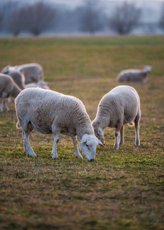Herd of sheep walks on farm , eco farm concept. Concept of farming, nature, rural life.