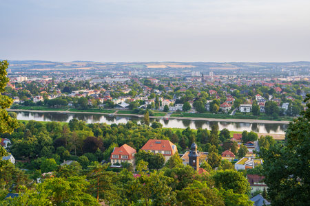 View of the city of Dresden, Germany, Elbe River. Ferry crossing. Famous tourist spotの写真素材