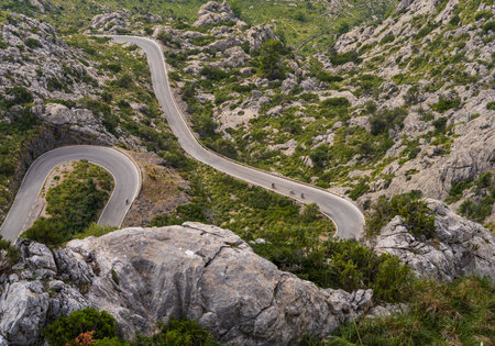 Spectacular aerial shot of famous Sa Calobra mountain road, Mallorca, Spain. Road serpentine winds...