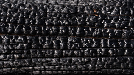 Texture, background of black burnt wooden board. Burnt wooden board. Burnt wooden surface.の写真素材