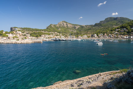 Beautiful view of the coast in Port de Soller, harbor for yachts and ships on the island of Mallorca, Spain, Mediterranean Seaの写真素材