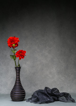 Still life with bright flowers. Colored dahlias in a vase, dark shawl, gray background. Copyspace.の写真素材