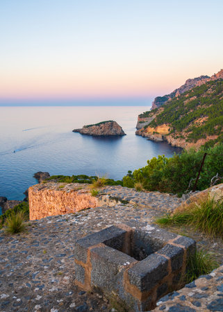 Sunset at the beautiful coast bay of Port de Soller, Majorca island, Spain Mediterranean Sea, Balearic Islandsの写真素材