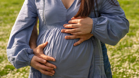 Pregnancy photo: man and woman holding pregnant belly while expecting baby. Happy family holding...