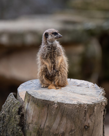 Cute funny, curious western meerkat. Small social mammals known for their upright posture and curious natureの写真素材