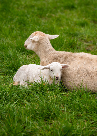 Little lamb lies snugly next to its mother sheep in green pasture. Perfect for themes of nature, motherhood, agriculture.の写真素材