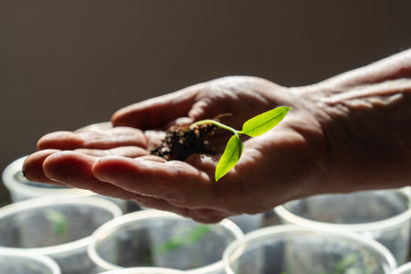 Women hands gently hold young green sprout, showing care and attention to plant. Tender roots,...