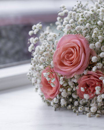 Wedding details. The bride's bouquet. Pink roses with white flowersの写真素材