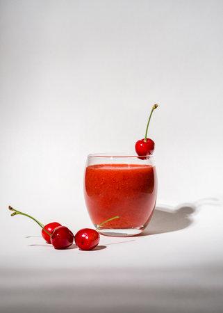 Glass with strawberry, red smoothie and on a white background. There's a cherry on the glass. Summer drink.の写真素材