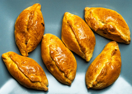 Appetizing pies, pirozhki served on plate. Traditional baked pastry, homemade food concept. Close up...
