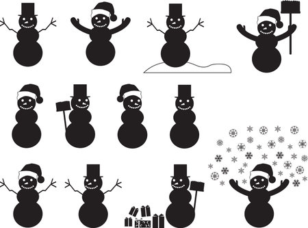 Snowman silhouettes set illustrated on whiteのイラスト素材