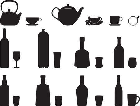 Bottles with specific glasses illustrated on whiteのイラスト素材