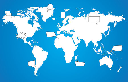White world map with speech bubbles on blue background