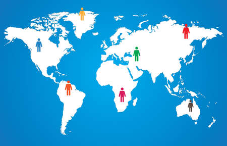 White world map with pictogram people on blue backgroundのイラスト素材
