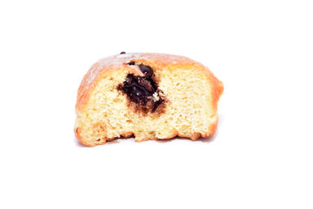 Fresh donut with chocolate filling isolated on whiteの写真素材