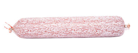 White salami smoked sausage piece isolated on white backgroundの写真素材