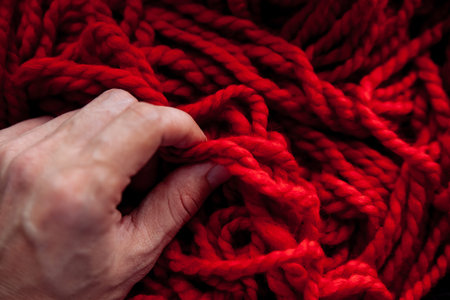 Wool red with male hand, background.の写真素材